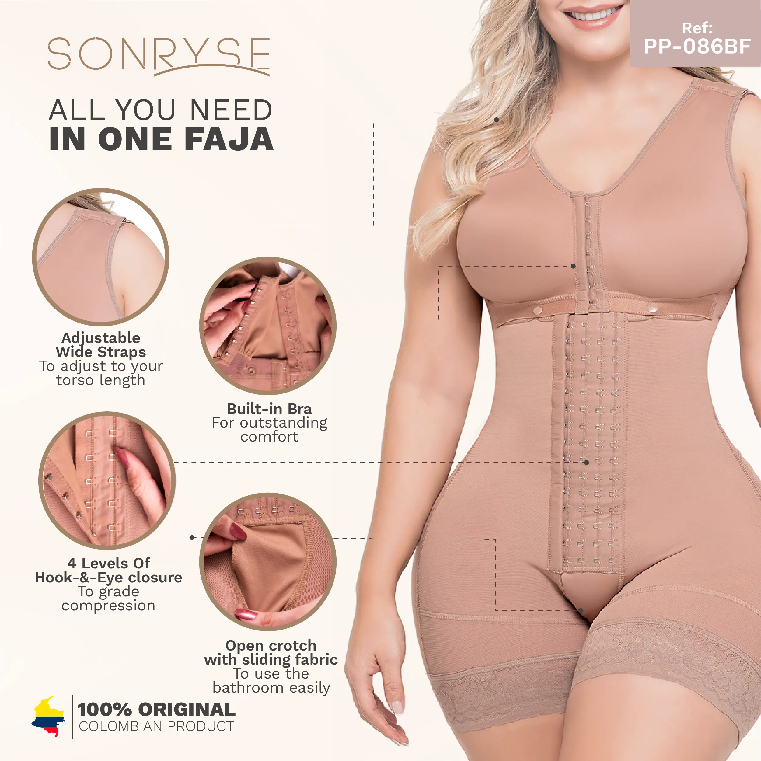 Built-in Bra Colombian Tummy Control Shaper Bodysuit Sonryse 086BF