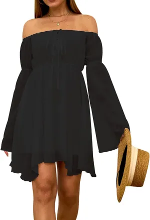 ETATNG Womens Summer Off Shoulder Bell Sleeve Lace Up High Waist Party Travel Irregular Mini A Line Dress
