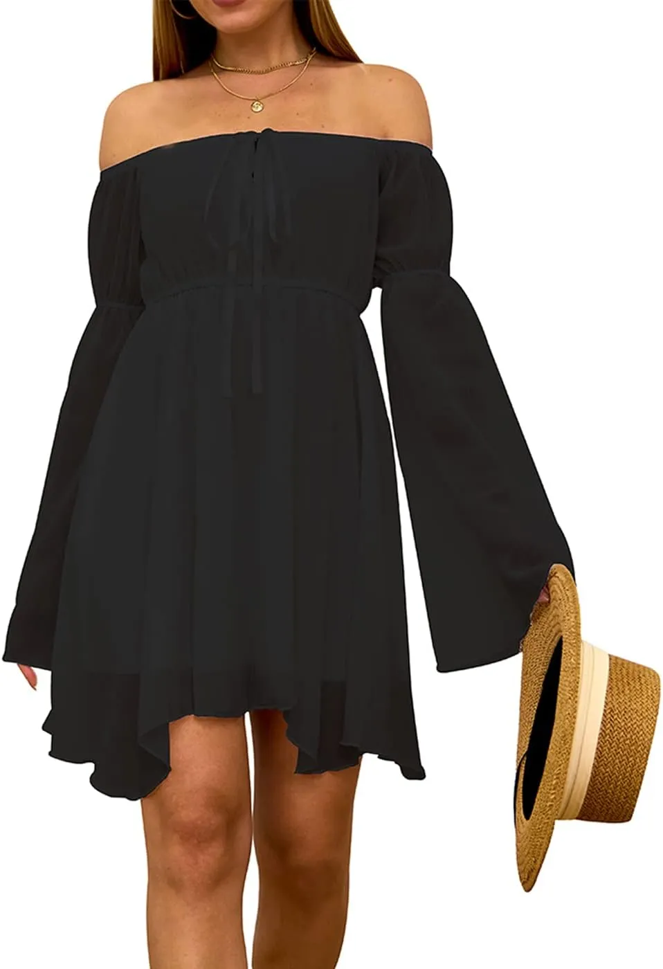 ETATNG Womens Summer Off Shoulder Bell Sleeve Lace Up High Waist Party Travel Irregular Mini A Line Dress