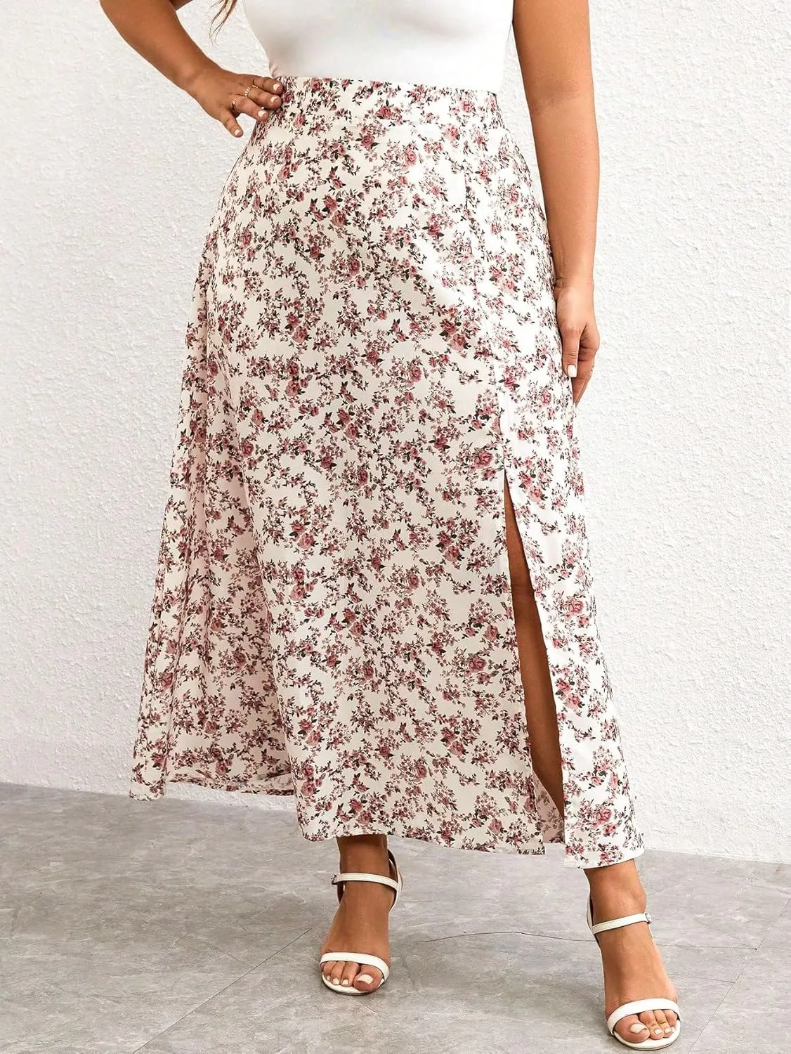 Floerns Women's Plus Size Boho Floral High Waist Split Thigh A Line Midi Skirt