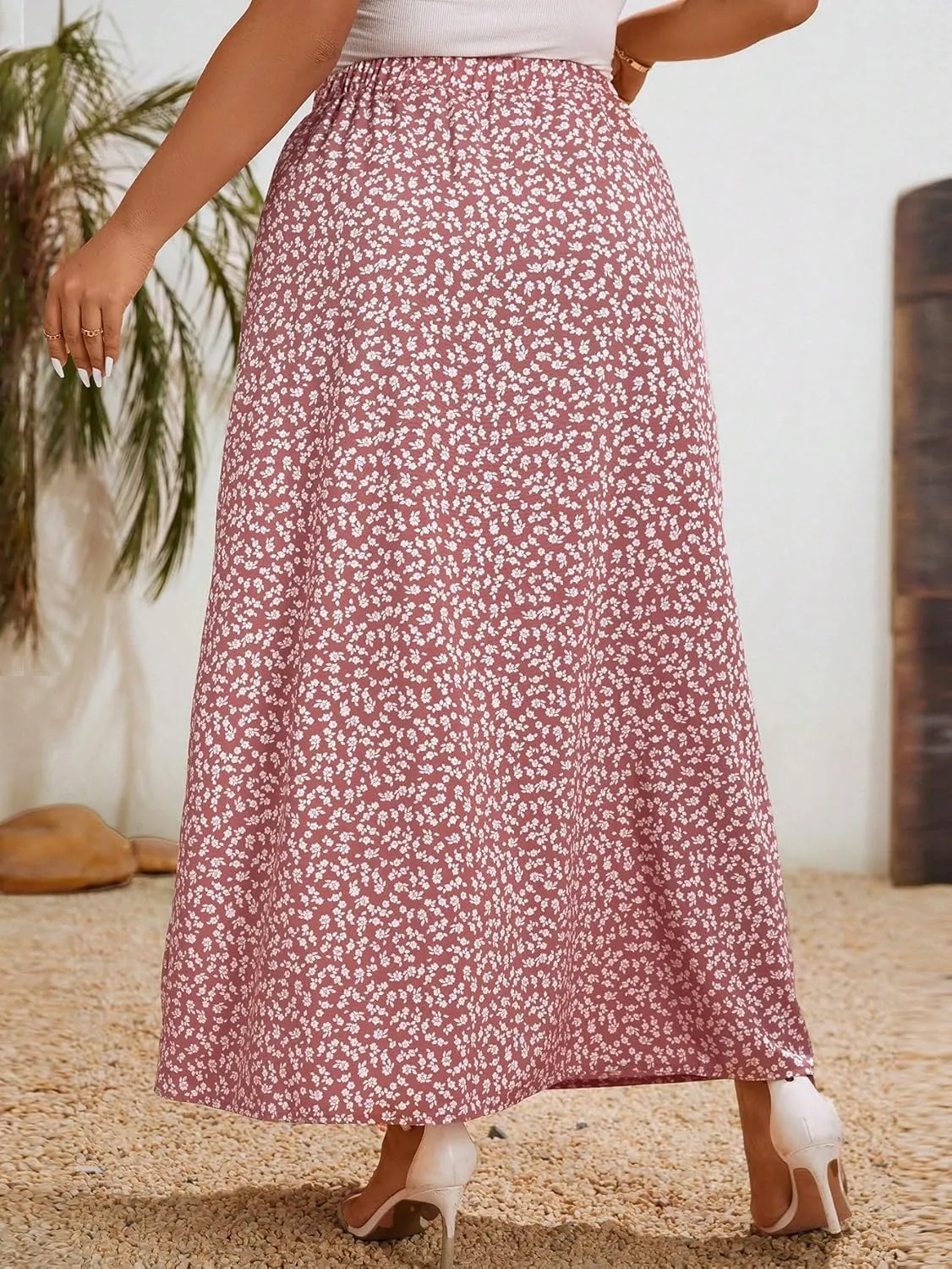 Floerns Women's Plus Size Boho Floral High Waist Split Thigh A Line Midi Skirt