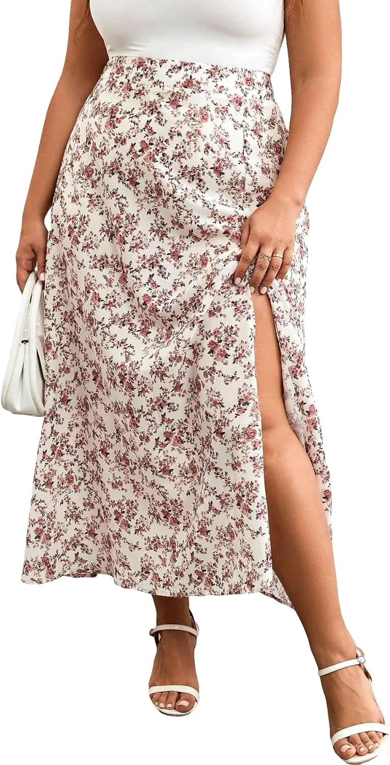 Floerns Women's Plus Size Boho Floral High Waist Split Thigh A Line Midi Skirt