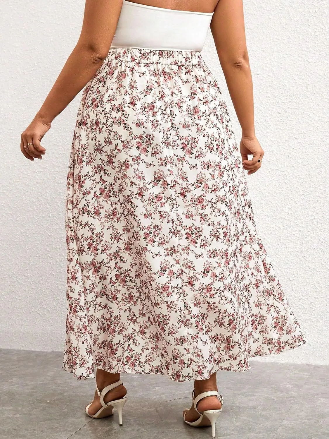 Floerns Women's Plus Size Boho Floral High Waist Split Thigh A Line Midi Skirt