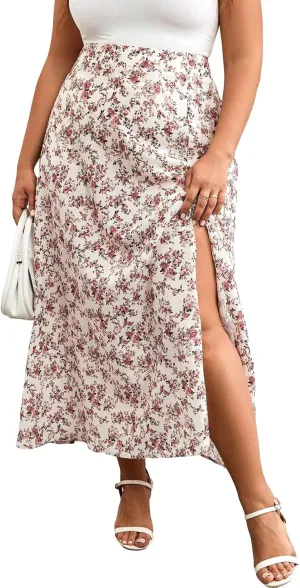 Floerns Women's Plus Size Boho Floral High Waist Split Thigh A Line Midi Skirt