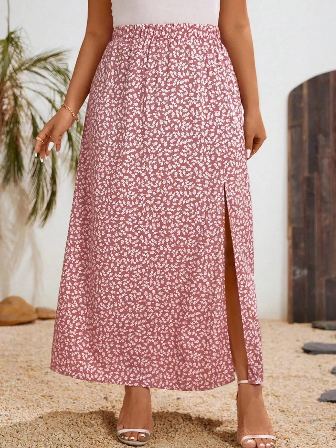 Floerns Women's Plus Size Boho Floral High Waist Split Thigh A Line Midi Skirt