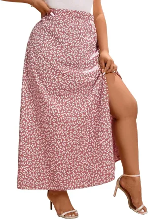 Floerns Women's Plus Size Boho Floral High Waist Split Thigh A Line Midi Skirt