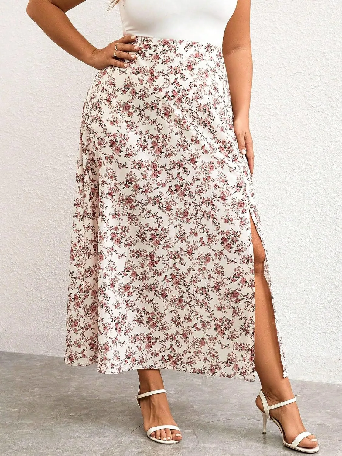 Floerns Women's Plus Size Boho Floral High Waist Split Thigh A Line Midi Skirt
