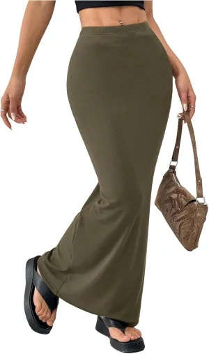 GORGLITTER Women's Trendy High Waisted Bodycon Maxi Skirts Elastic Waist Pencil Long Skirt 2025 Dressy
