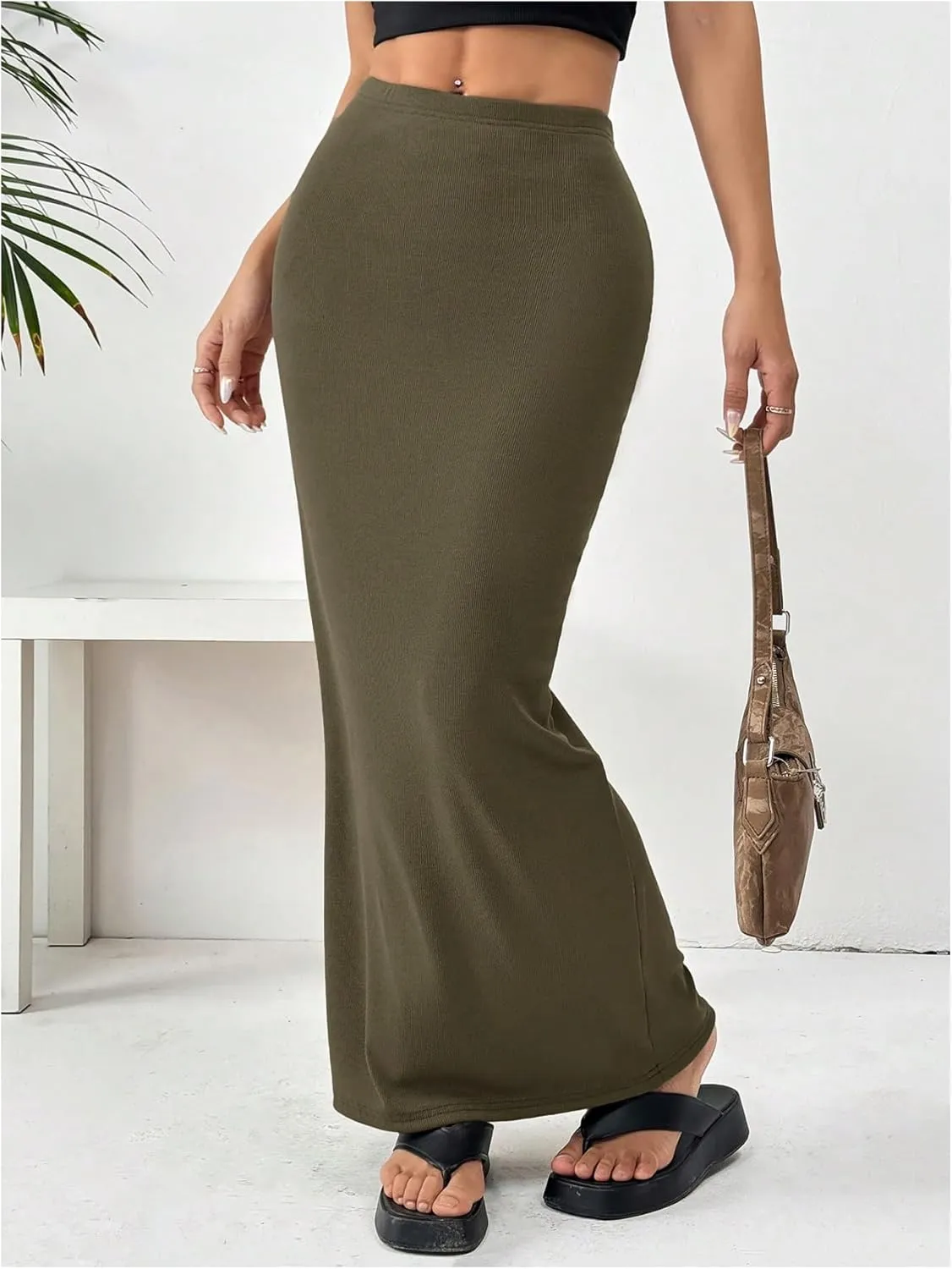 GORGLITTER Women's Trendy High Waisted Bodycon Maxi Skirts Elastic Waist Pencil Long Skirt 2025 Dressy