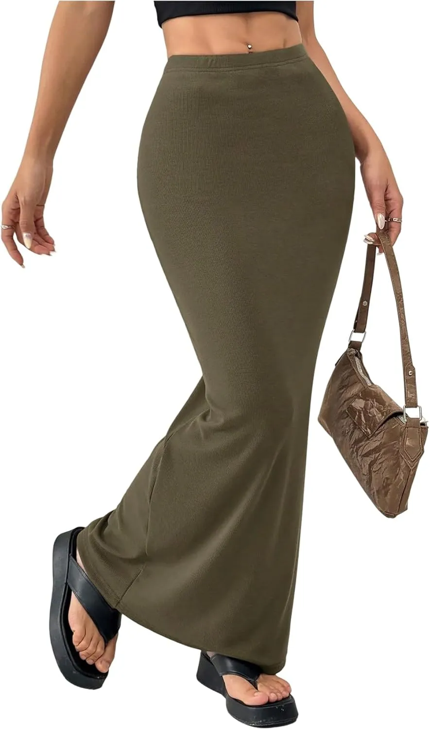 GORGLITTER Women's Trendy High Waisted Bodycon Maxi Skirts Elastic Waist Pencil Long Skirt 2025 Dressy