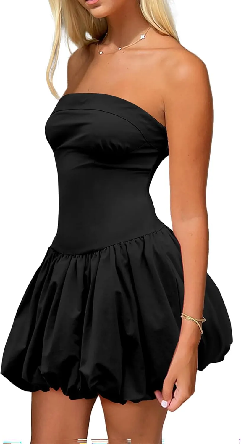 HYPERFIRE Women's Corset Dress Strapless Tube Bubble Short Mini Dresses Party