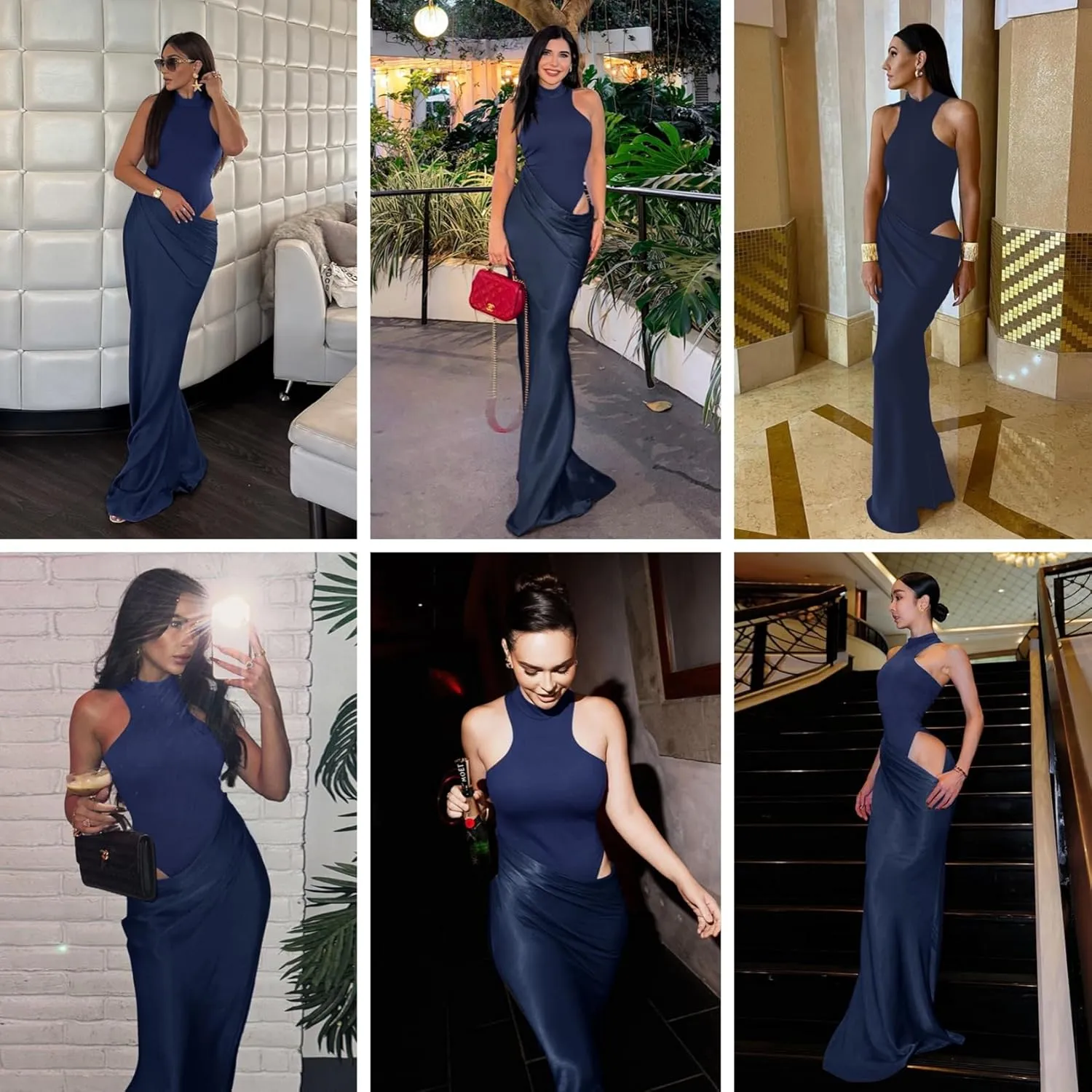 JUMISEE Women's Elegant Pleated Satin Maxi Dress Sexy Mock Neck Hollow Out Long Dress Flowy Cocktail Party Evening Dress