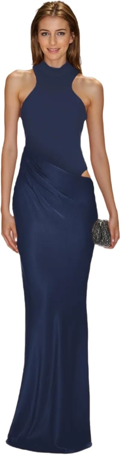 JUMISEE Women's Elegant Pleated Satin Maxi Dress Sexy Mock Neck Hollow Out Long Dress Flowy Cocktail Party Evening Dress