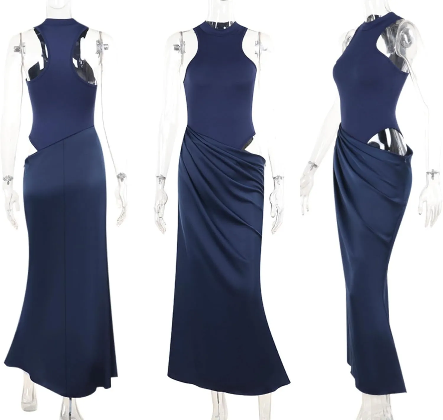 JUMISEE Women's Elegant Pleated Satin Maxi Dress Sexy Mock Neck Hollow Out Long Dress Flowy Cocktail Party Evening Dress
