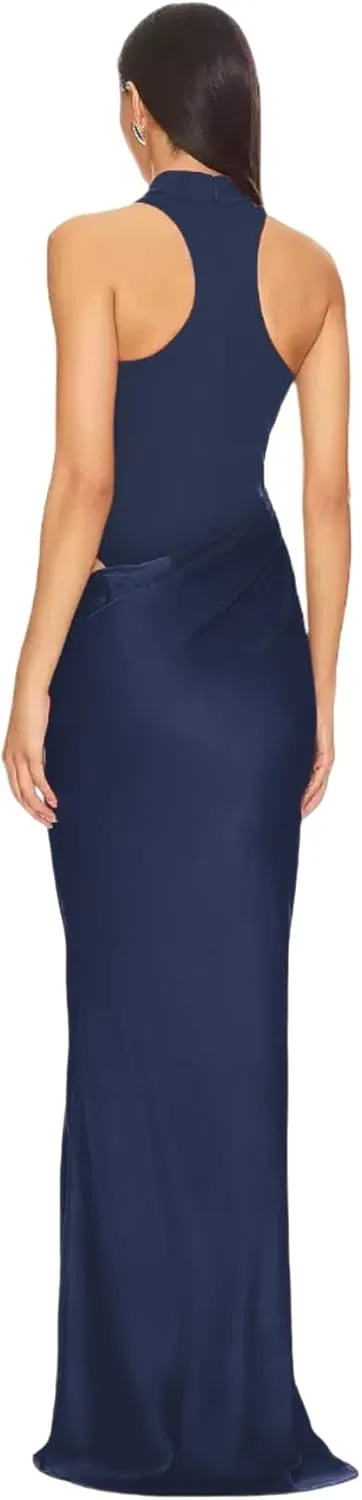 JUMISEE Women's Elegant Pleated Satin Maxi Dress Sexy Mock Neck Hollow Out Long Dress Flowy Cocktail Party Evening Dress