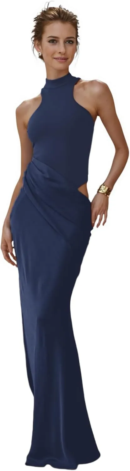 JUMISEE Women's Elegant Pleated Satin Maxi Dress Sexy Mock Neck Hollow Out Long Dress Flowy Cocktail Party Evening Dress