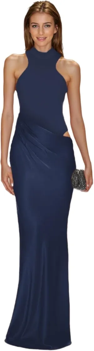 JUMISEE Women's Elegant Pleated Satin Maxi Dress Sexy Mock Neck Hollow Out Long Dress Flowy Cocktail Party Evening Dress