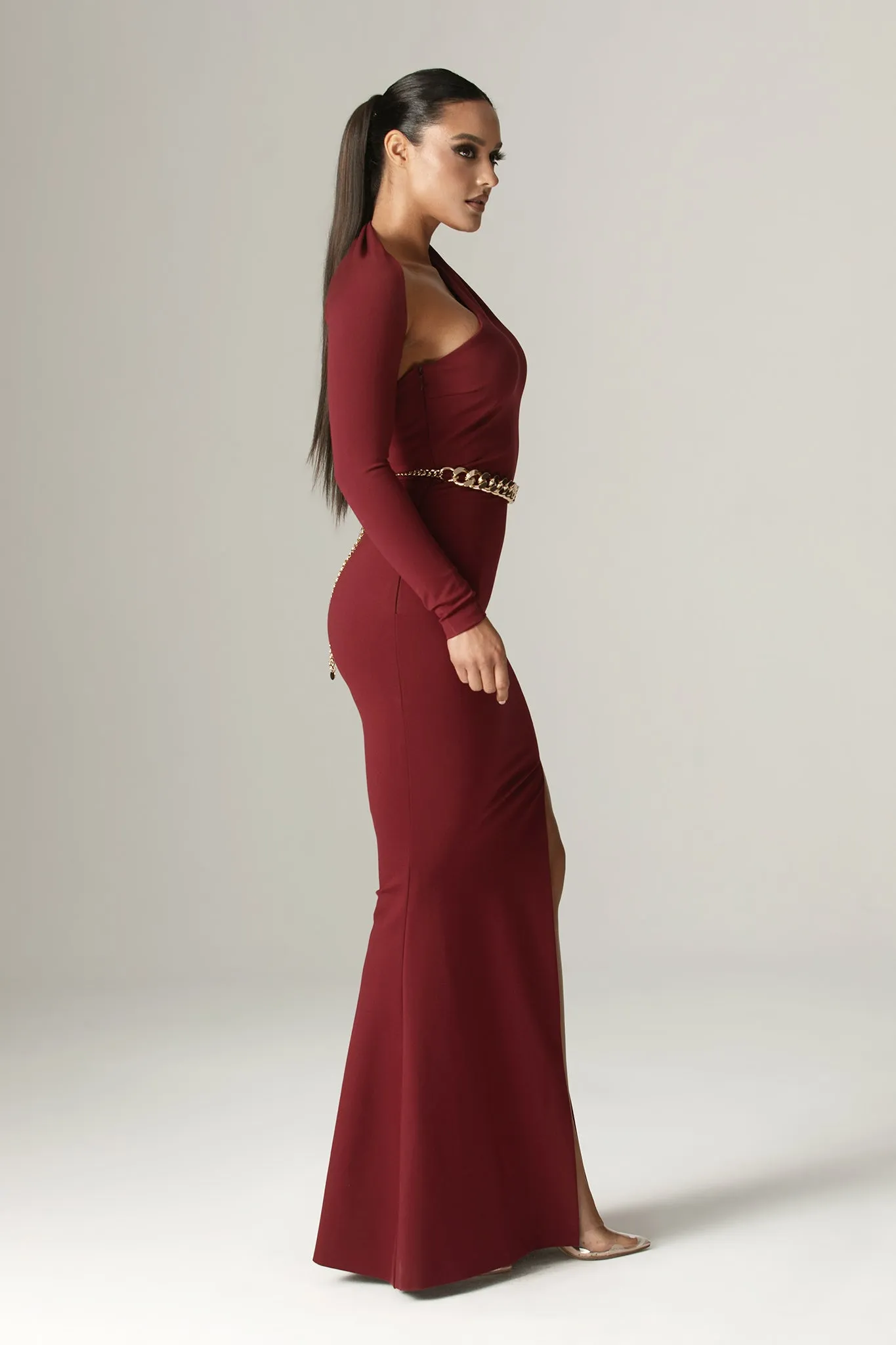 Lilux One Shoulder Modern Maxi Dress (Maroon)