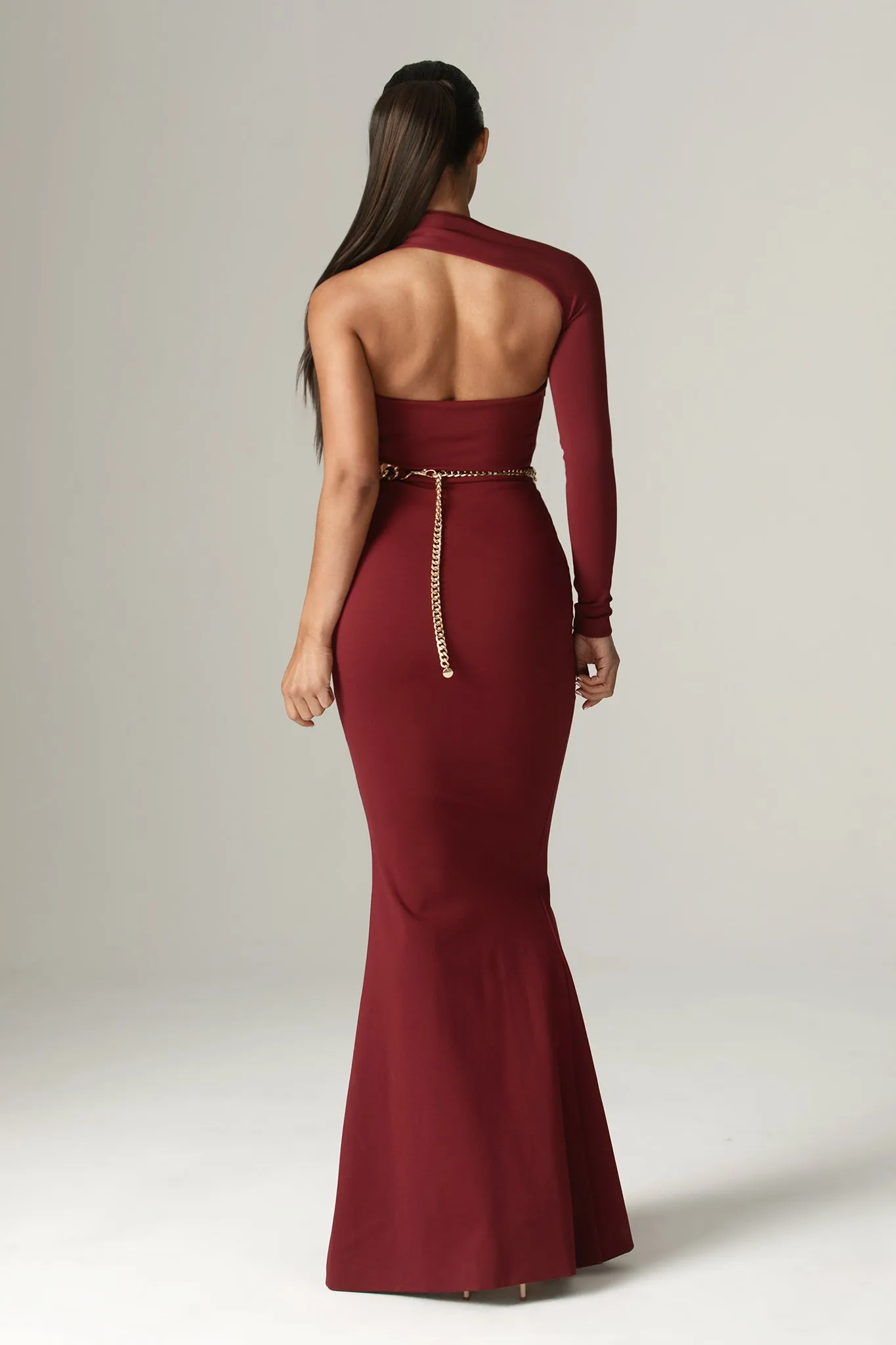 Lilux One Shoulder Modern Maxi Dress (Maroon)