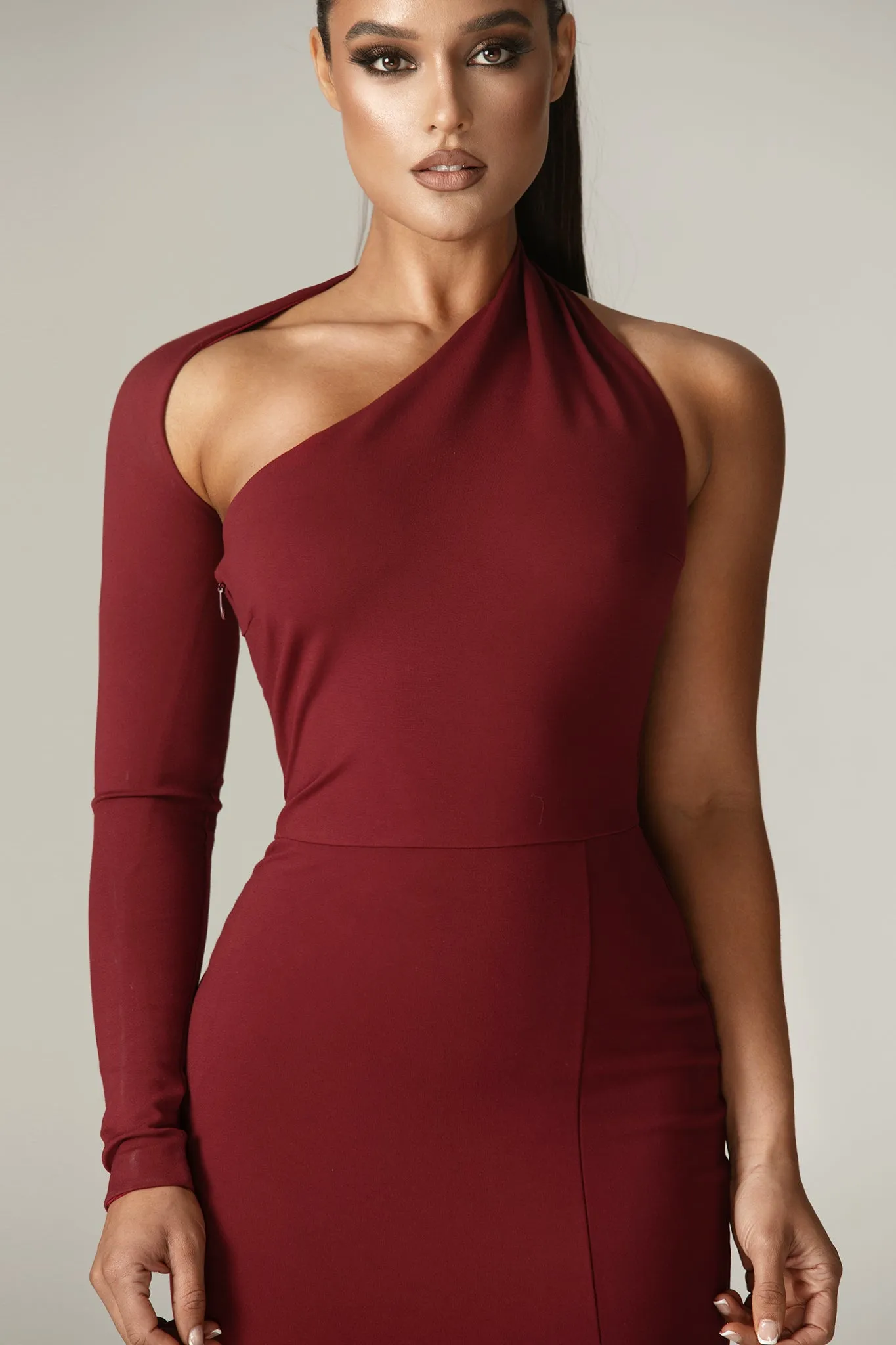 Lilux One Shoulder Modern Maxi Dress (Maroon)