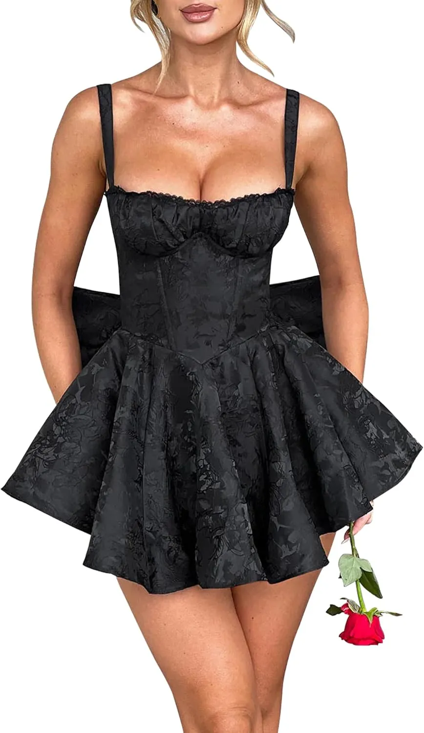 LuFeng Womens Sweetheart Neckline Satin A-line Spaghetti Straps Jacquard Mini Dress Bow Sleeveless Cocktail Prom Dress