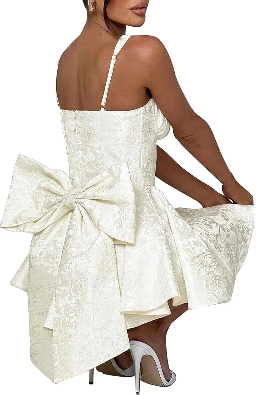 LuFeng Womens Sweetheart Neckline Satin A-line Spaghetti Straps Jacquard Mini Dress Bow Sleeveless Cocktail Prom Dress