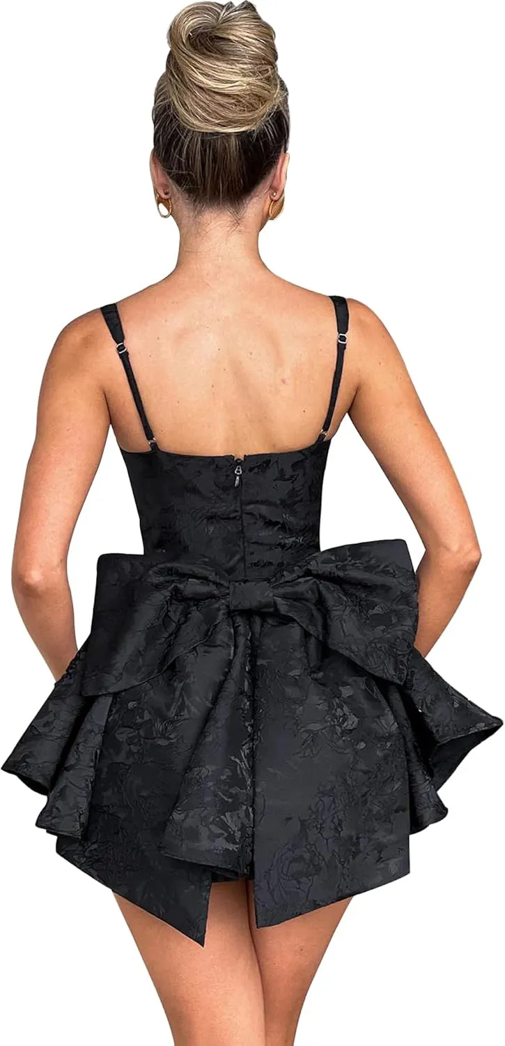 LuFeng Womens Sweetheart Neckline Satin A-line Spaghetti Straps Jacquard Mini Dress Bow Sleeveless Cocktail Prom Dress