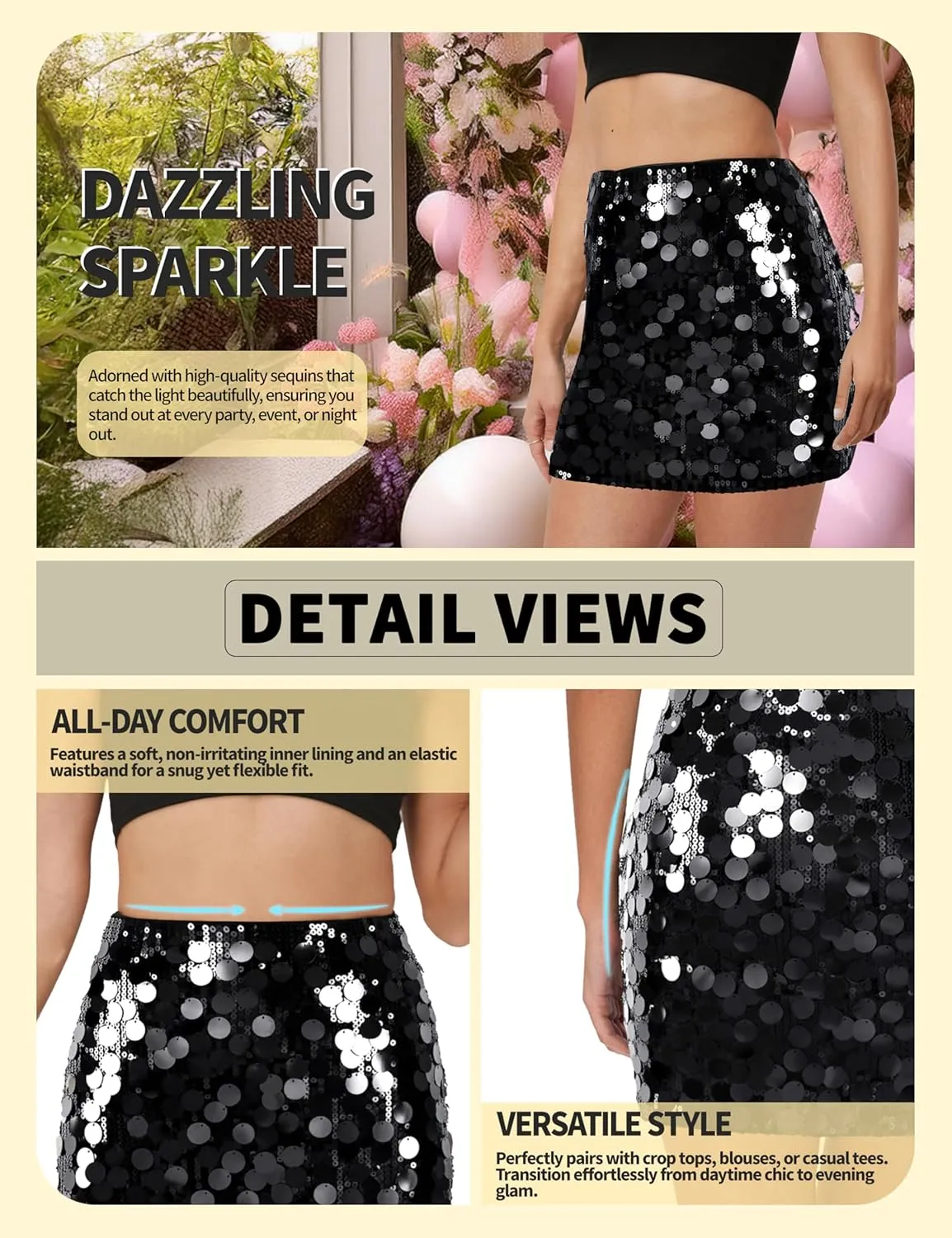MANER Women's Sequin Skirt Sparkle Stretchy Bodycon Mini Skirts Night Out Party