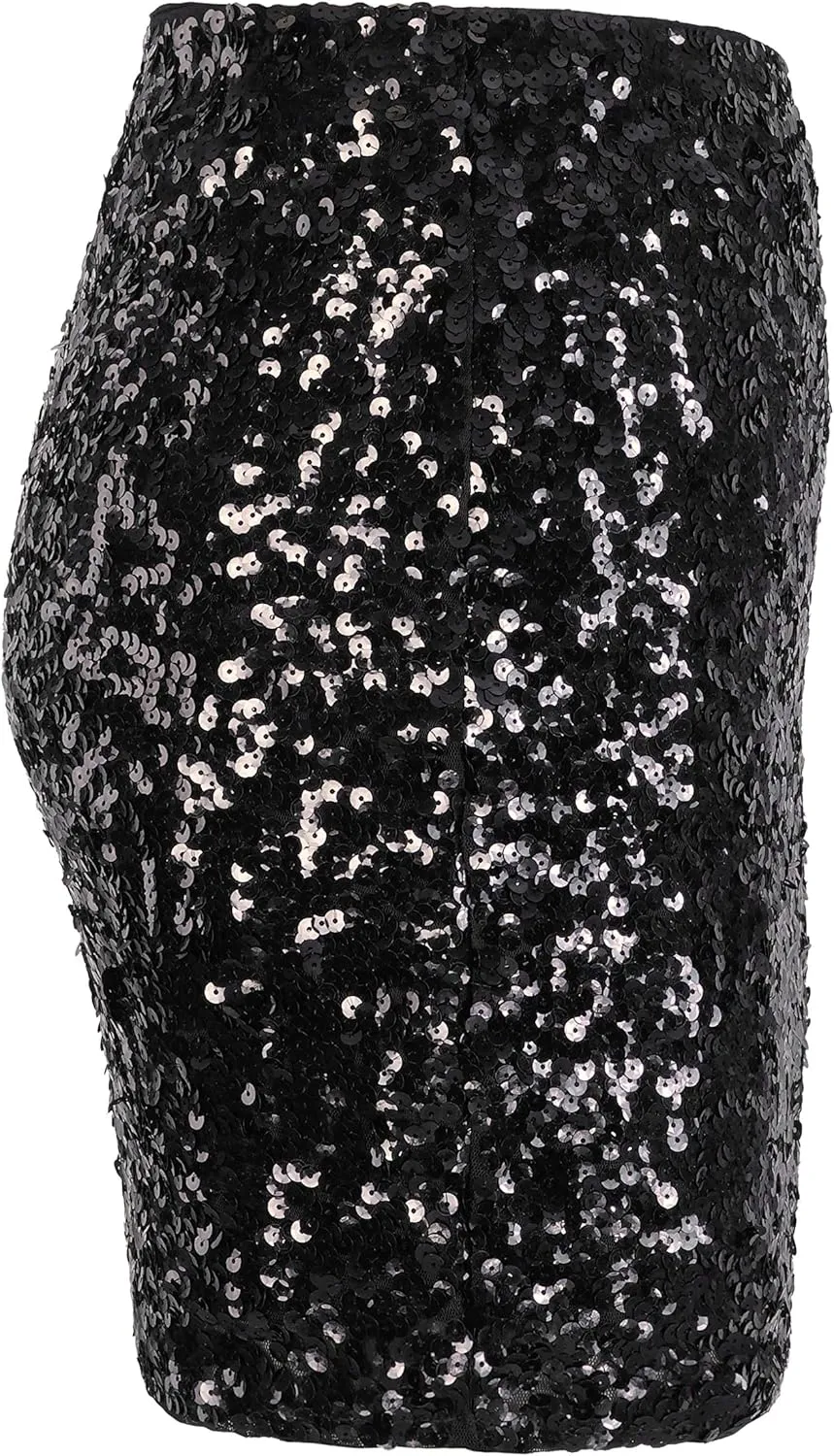 MANER Women's Sequin Skirt Sparkle Stretchy Bodycon Mini Skirts Night Out Party