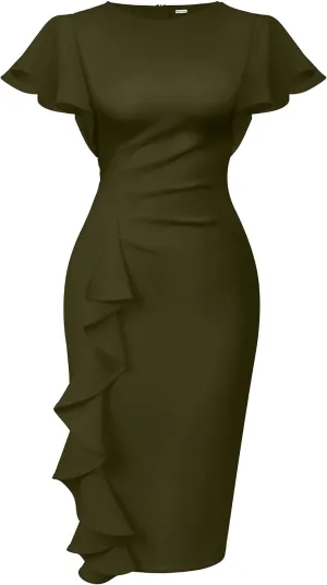 Memoriesea Women's Vintage Church Ruffle Sleeve Ruched Bodycon Work Midi Pencil Dress