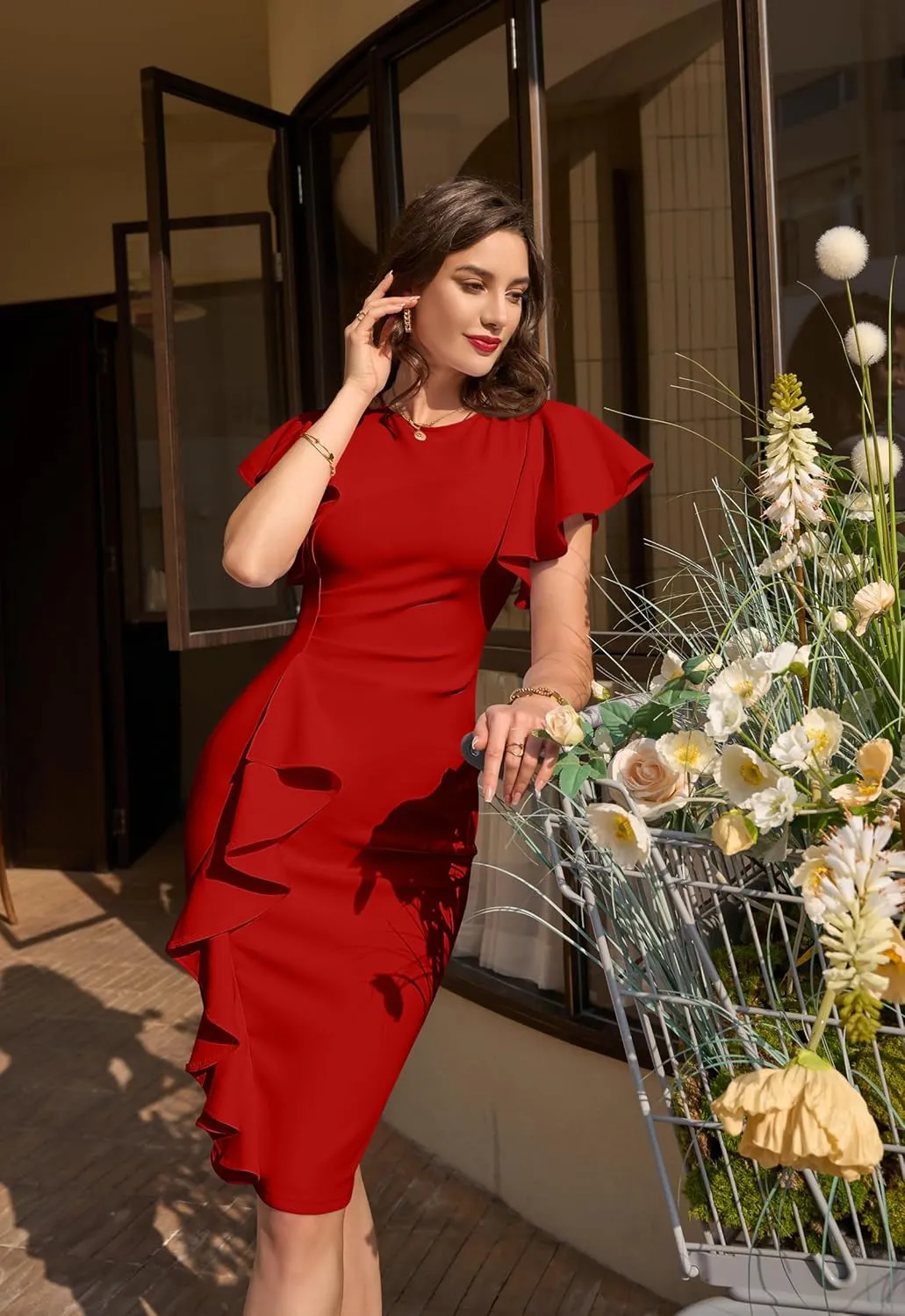 Memoriesea Women's Vintage Church Ruffle Sleeve Ruched Bodycon Work Midi Pencil Dress