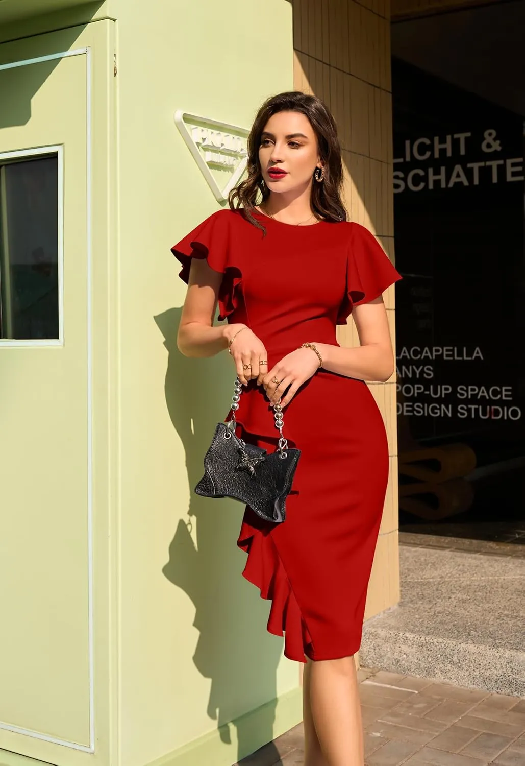 Memoriesea Women's Vintage Church Ruffle Sleeve Ruched Bodycon Work Midi Pencil Dress