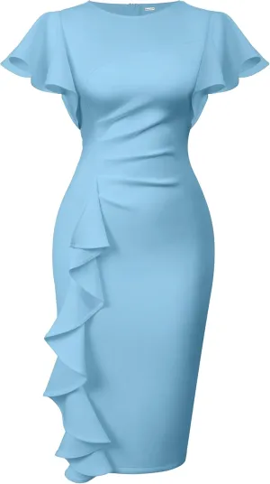 Memoriesea Women's Vintage Church Ruffle Sleeve Ruched Bodycon Work Midi Pencil Dress