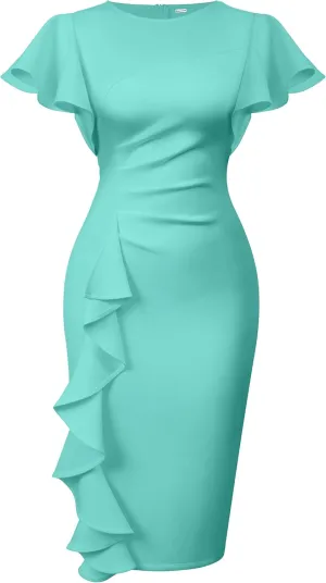 Memoriesea Women's Vintage Church Ruffle Sleeve Ruched Bodycon Work Midi Pencil Dress