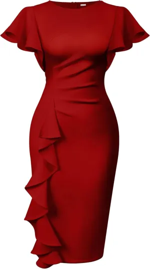 Memoriesea Women's Vintage Church Ruffle Sleeve Ruched Bodycon Work Midi Pencil Dress