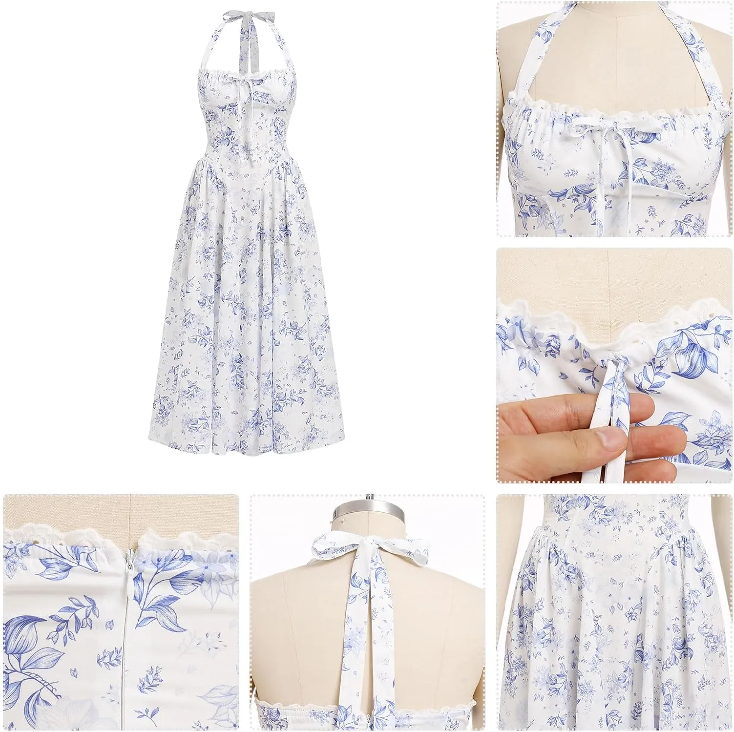 OBEEII Women Floral Corset Dress Halter Neck Low Cut Bustier Midi Dress Flowy Pleated Hem Summer Sundress with Pockets