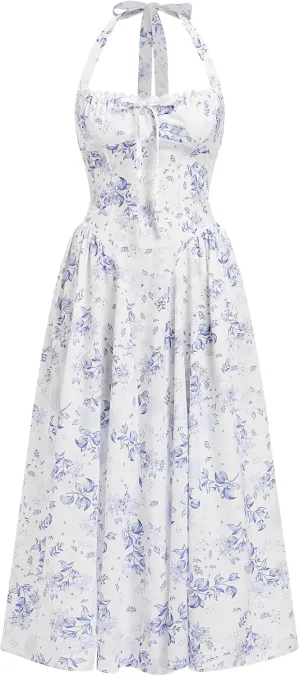 OBEEII Women Floral Corset Dress Halter Neck Low Cut Bustier Midi Dress Flowy Pleated Hem Summer Sundress with Pockets