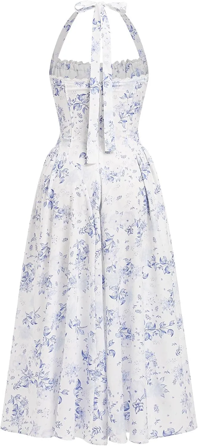 OBEEII Women Floral Corset Dress Halter Neck Low Cut Bustier Midi Dress Flowy Pleated Hem Summer Sundress with Pockets
