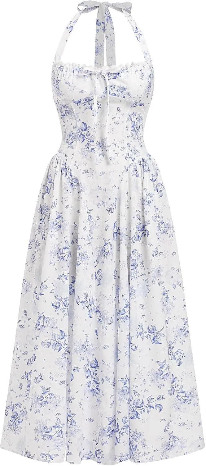 OBEEII Women Floral Corset Dress Halter Neck Low Cut Bustier Midi Dress Flowy Pleated Hem Summer Sundress with Pockets