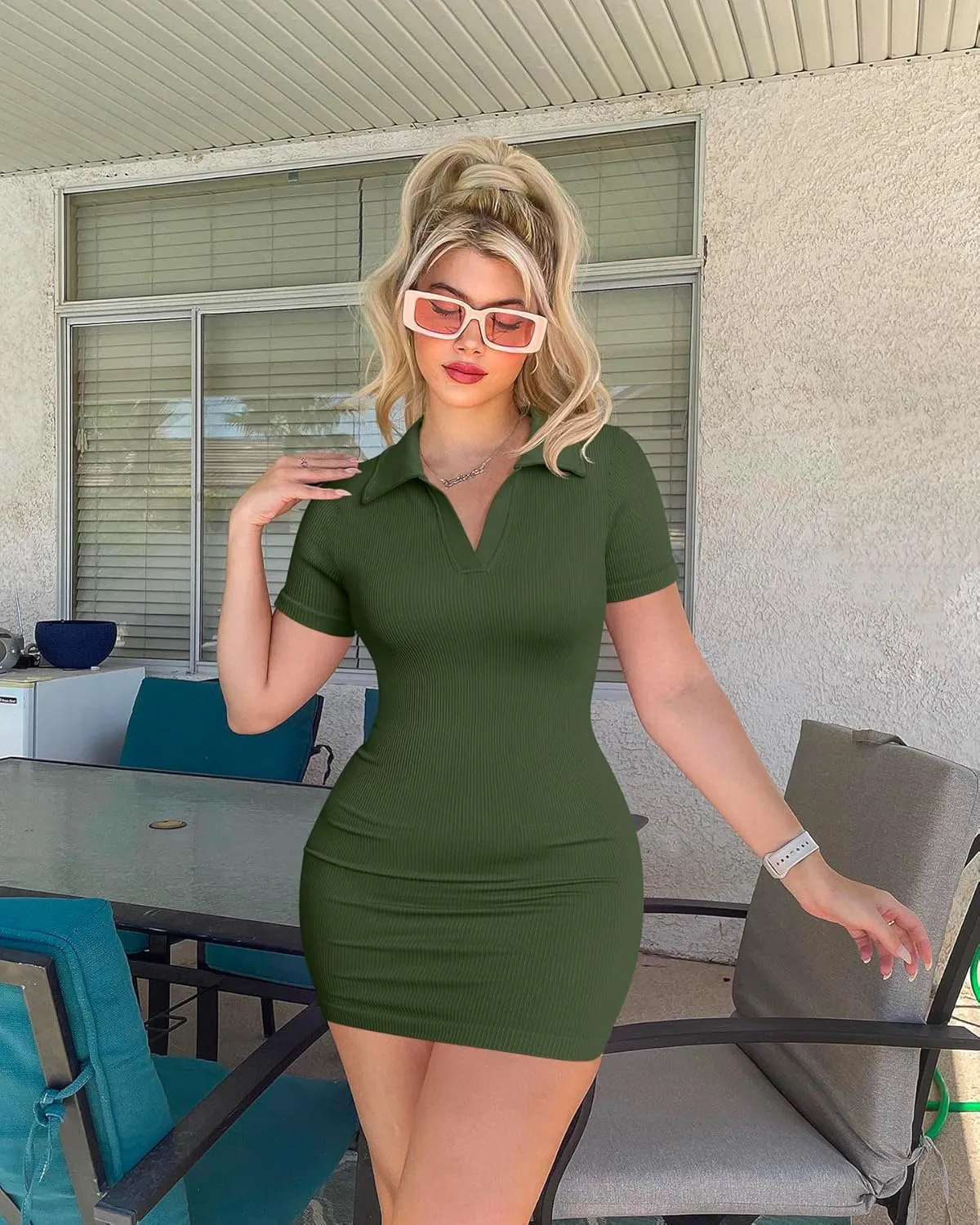 OQQ Women's Mini Dresses Sexy Ribbed Short Sleeve Tummy Control Bodycon Mini Dress