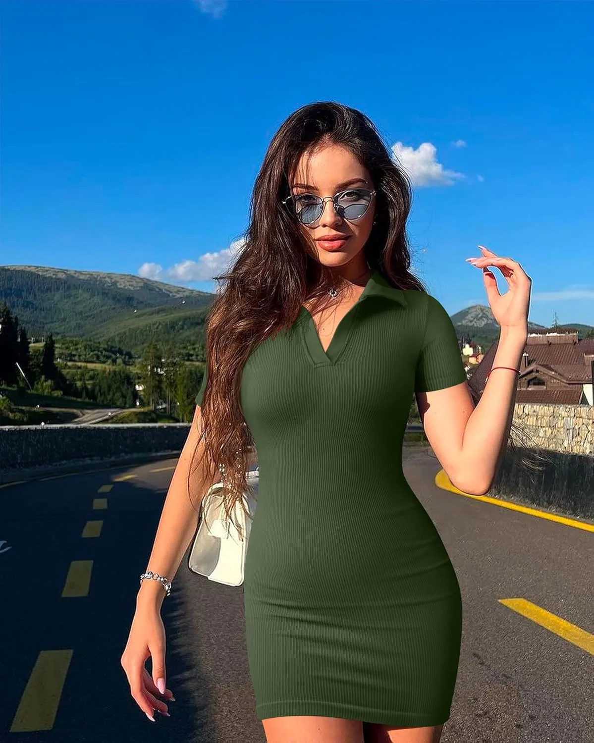 OQQ Women's Mini Dresses Sexy Ribbed Short Sleeve Tummy Control Bodycon Mini Dress