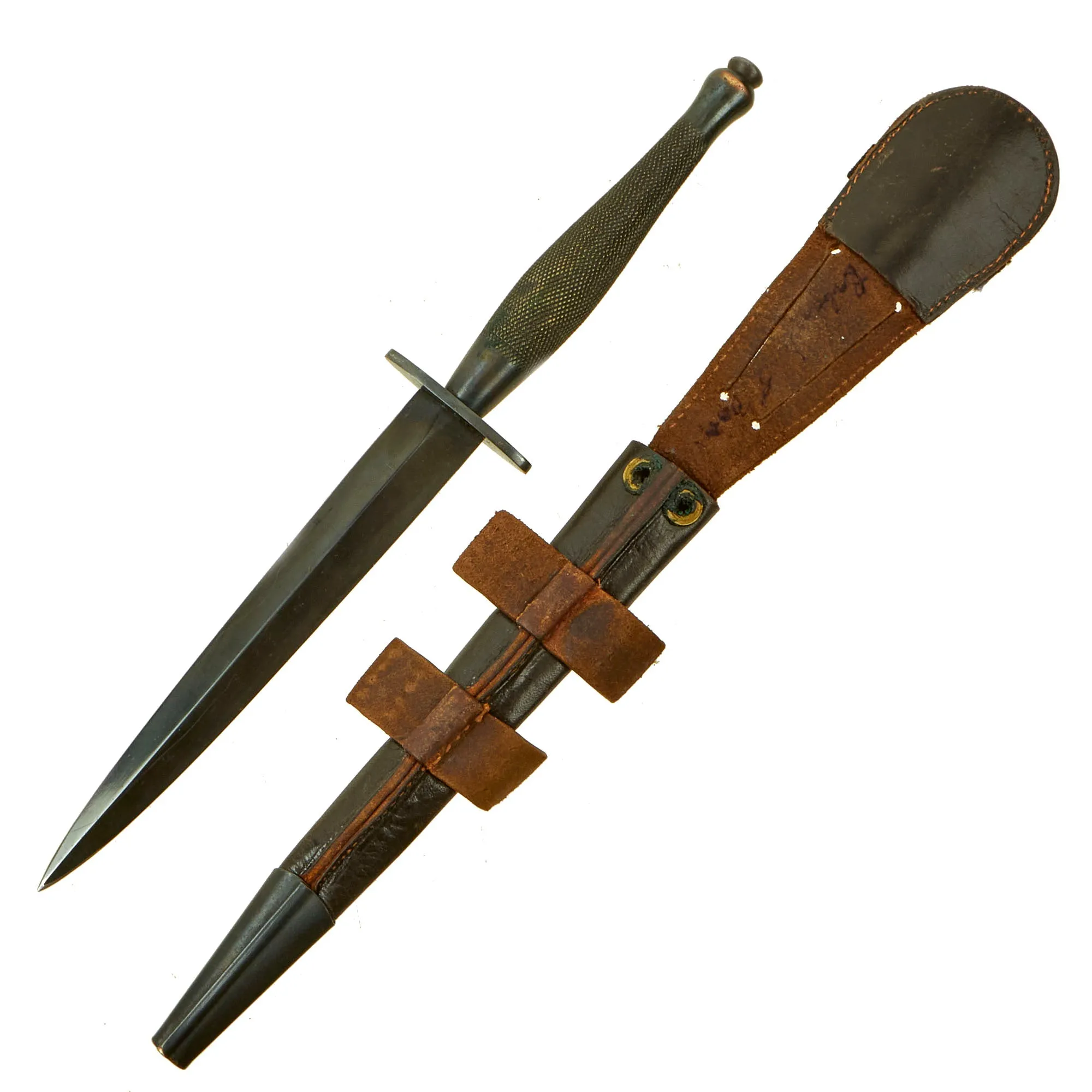 Original British WWII Second Pattern B2 Marked Fairbairn-Sykes Fighting Knife with Named Scabbard