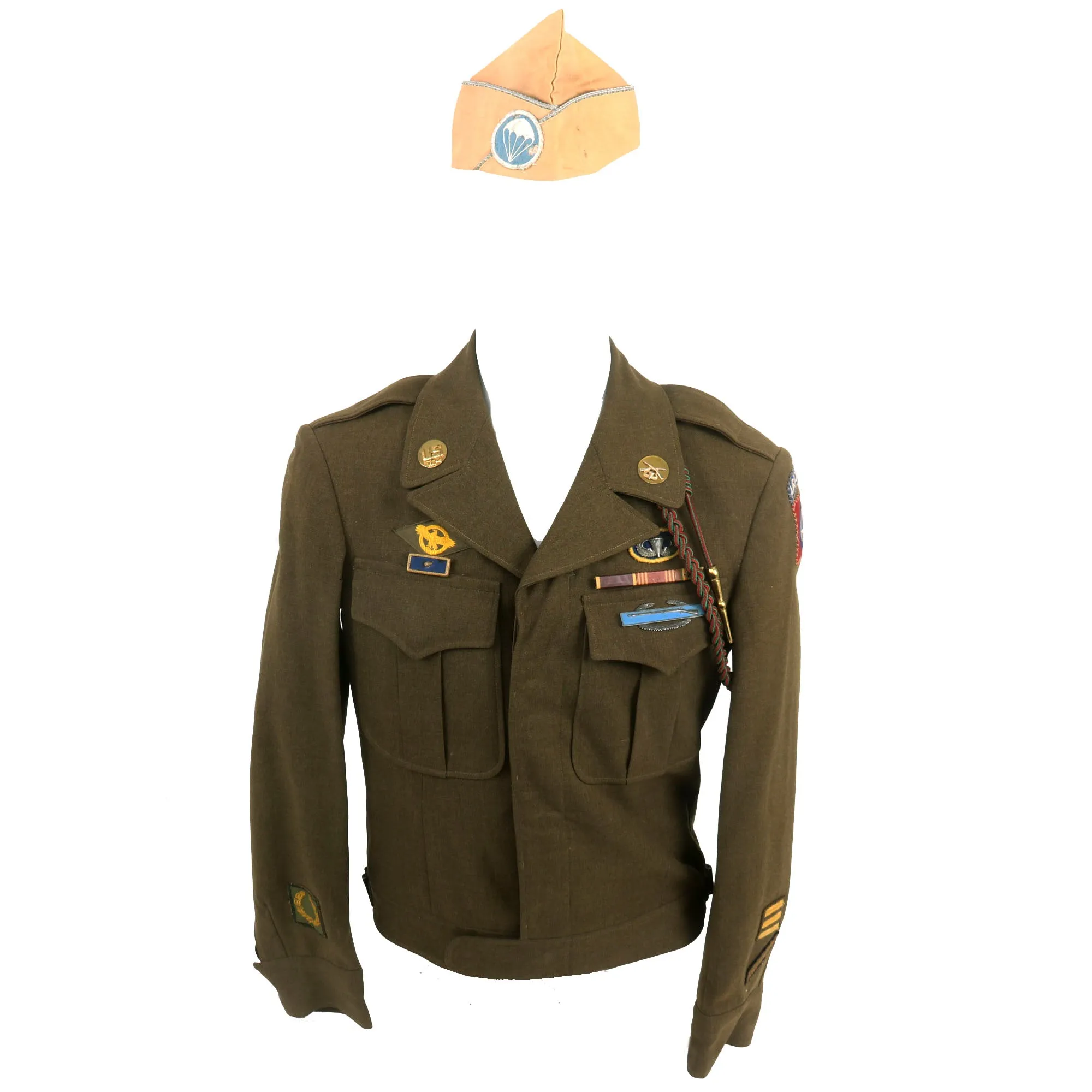 Original U.S. WWII 504th Parachute Infantry Regiment Ike Jacket with Overseas Cap - 82nd Airborne Division
