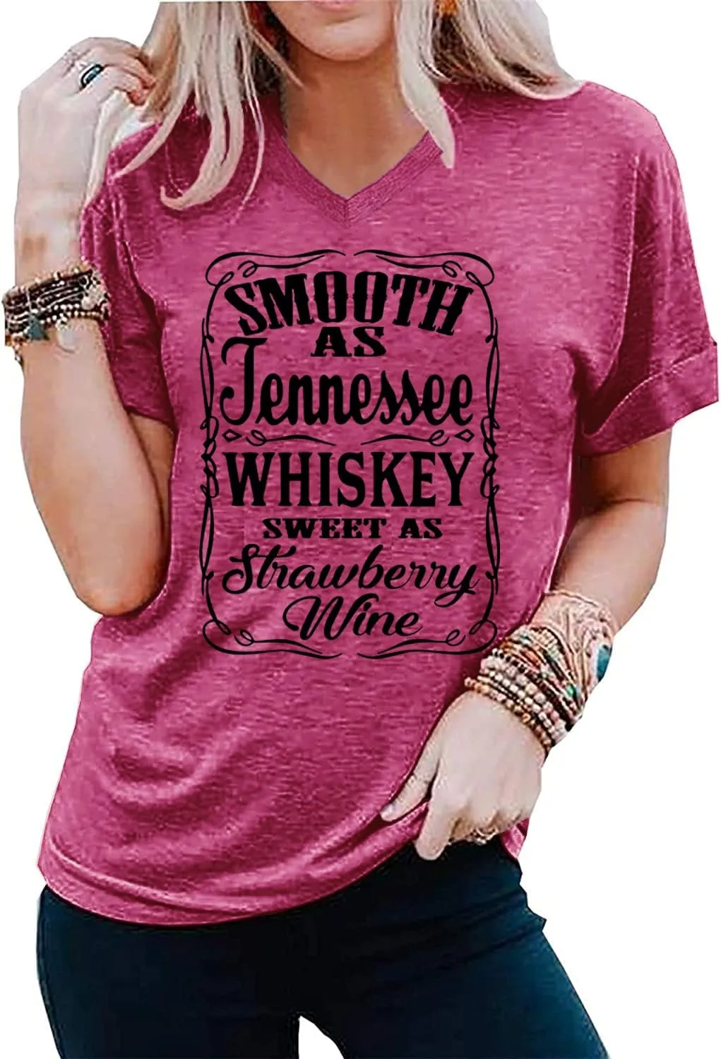 Smooth as Tennessee Whiskey Sweet as Strawberry Wine T Shirt Women V-Neck Country Music Tee Tops Drinking Blouse