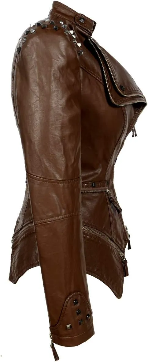 SX Women's Fashion Studded Perfectly Shaping Faux Leather Biker Jacket