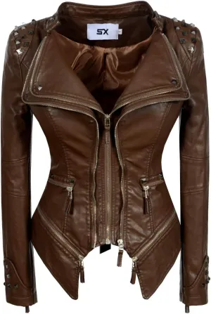SX Women's Fashion Studded Perfectly Shaping Faux Leather Biker Jacket