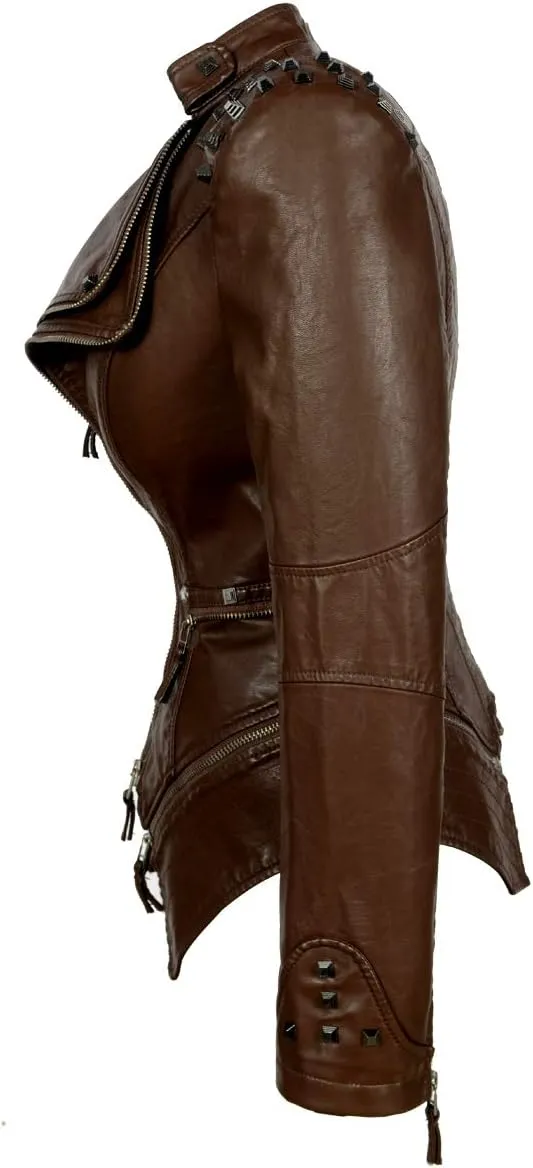 SX Women's Fashion Studded Perfectly Shaping Faux Leather Biker Jacket