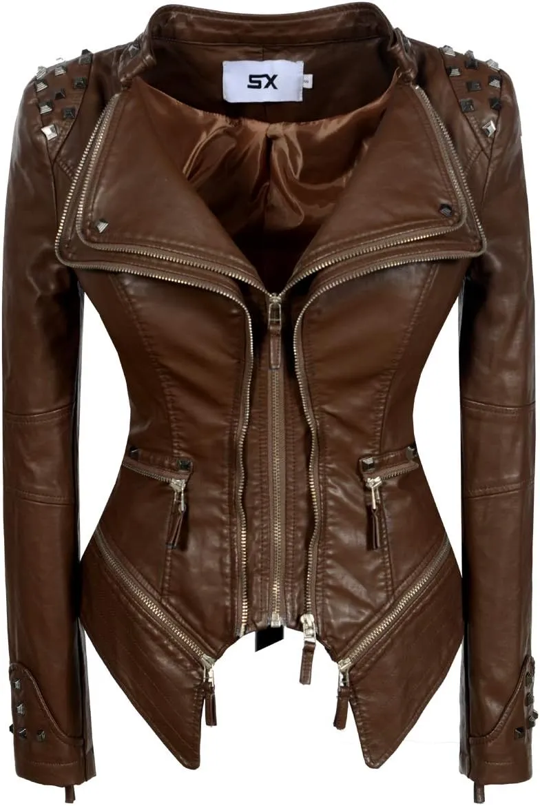 SX Women's Fashion Studded Perfectly Shaping Faux Leather Biker Jacket