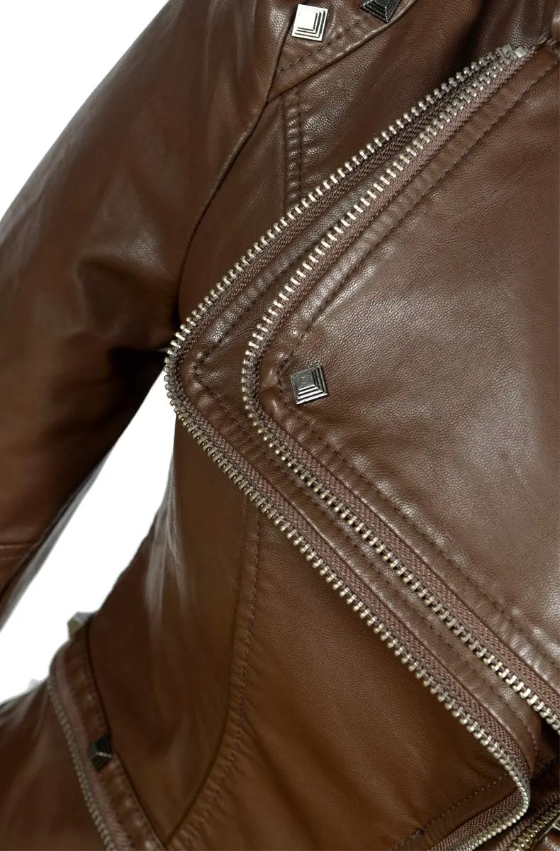 SX Women's Fashion Studded Perfectly Shaping Faux Leather Biker Jacket