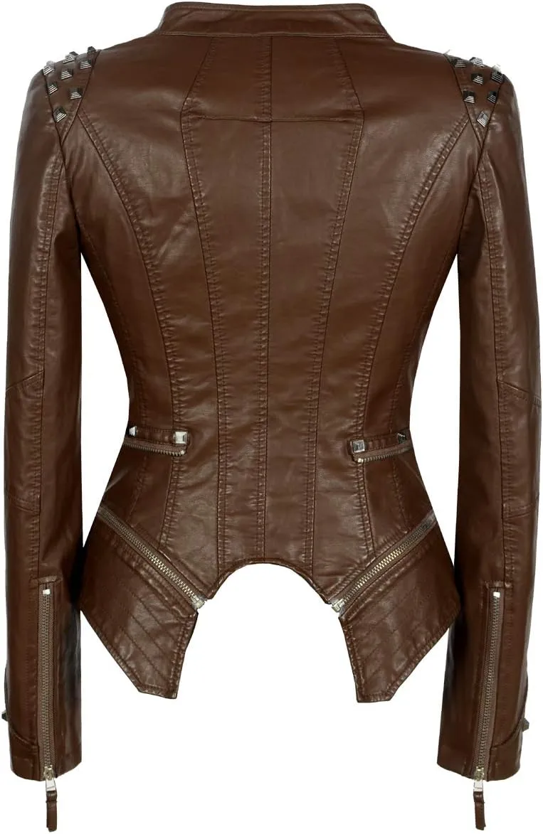 SX Women's Fashion Studded Perfectly Shaping Faux Leather Biker Jacket